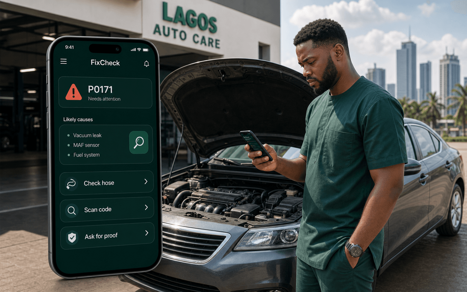 FixCarIQ mobile dashboard beside a car inspection scene